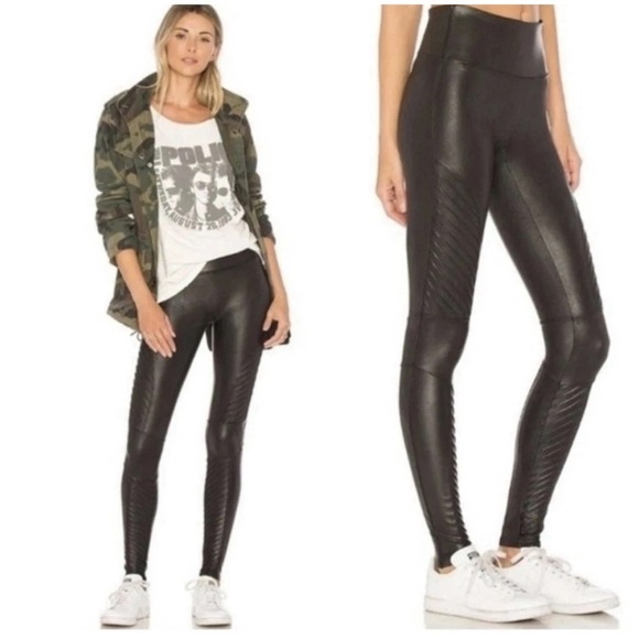 SPANX Pants - Spanx Faux Leather Moto Leggings Womens Black Shaping Size Large